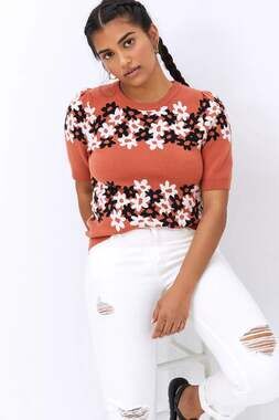 Maeve by Anthropologie Womens XS jacquard retro orange Floral Knit tee keyhole